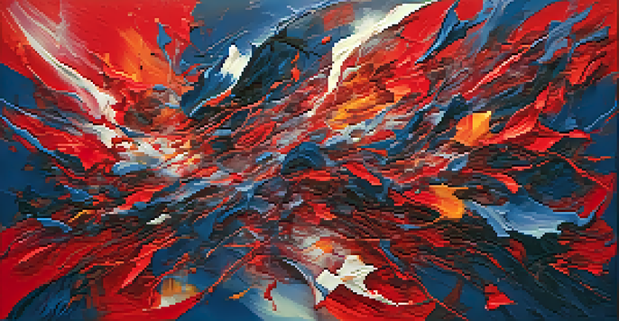 An abstract painting with bright reds and blues, filled with dynamic shapes and textures that evoke strong emotions.