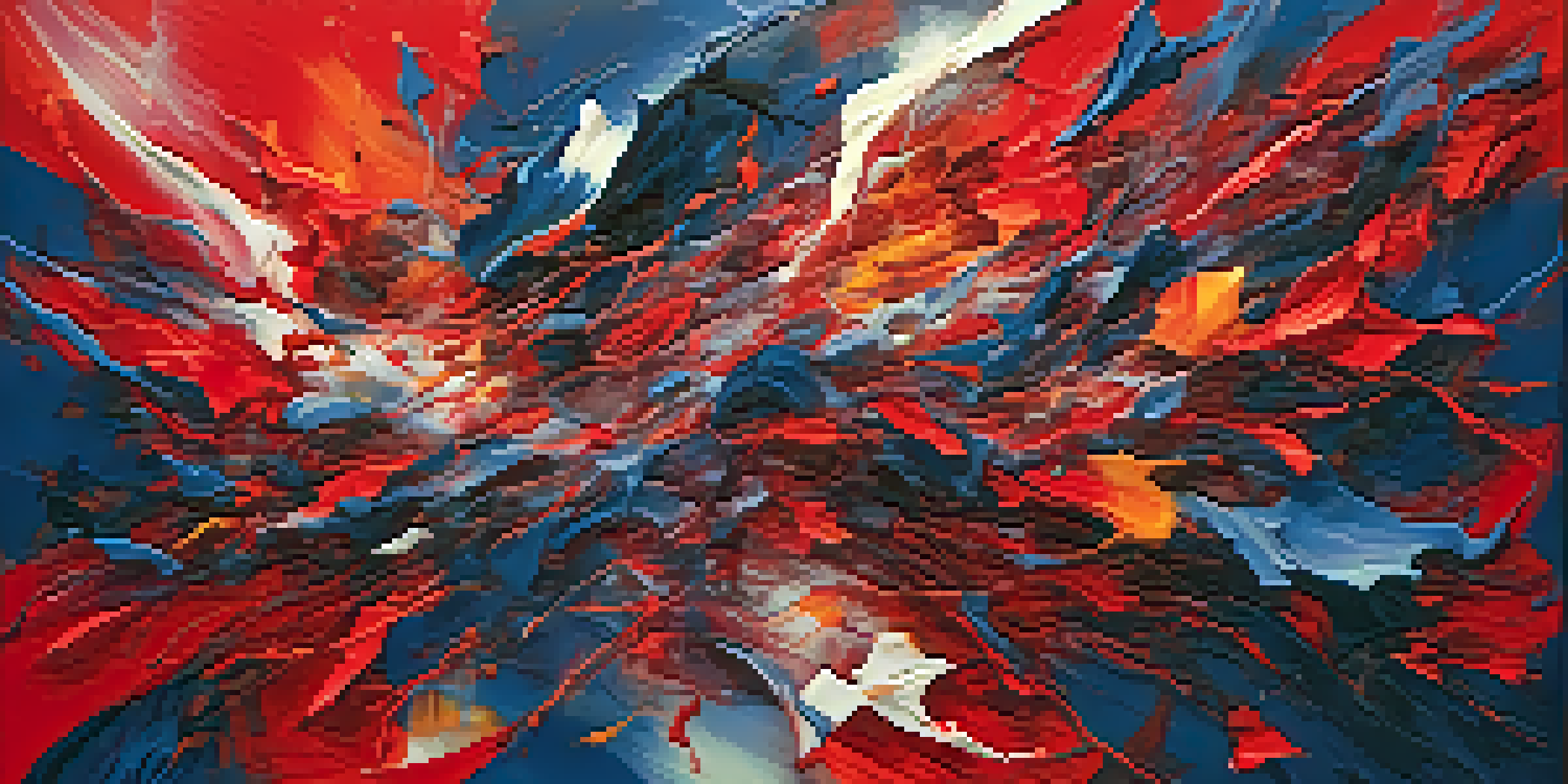 An abstract painting with bright reds and blues, filled with dynamic shapes and textures that evoke strong emotions.