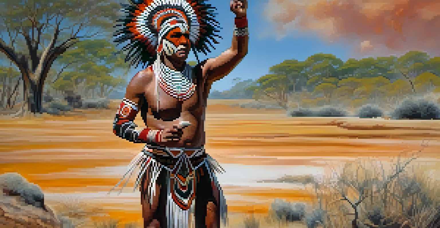 An Aboriginal Australian performer in vibrant body paint dancing in a ceremonial setting.