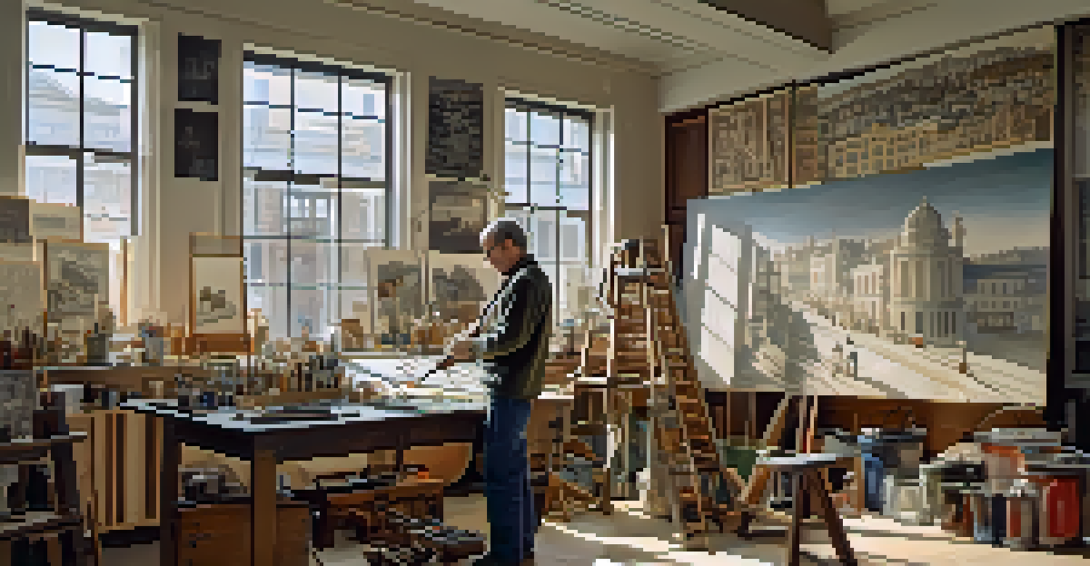 A Constructivist artist painting a mural in a studio filled with tools and sketches, with natural light coming through a window.