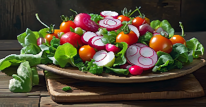 A colorful salad arranged like a flower bouquet on a wooden table, with bright vegetables and natural lighting.