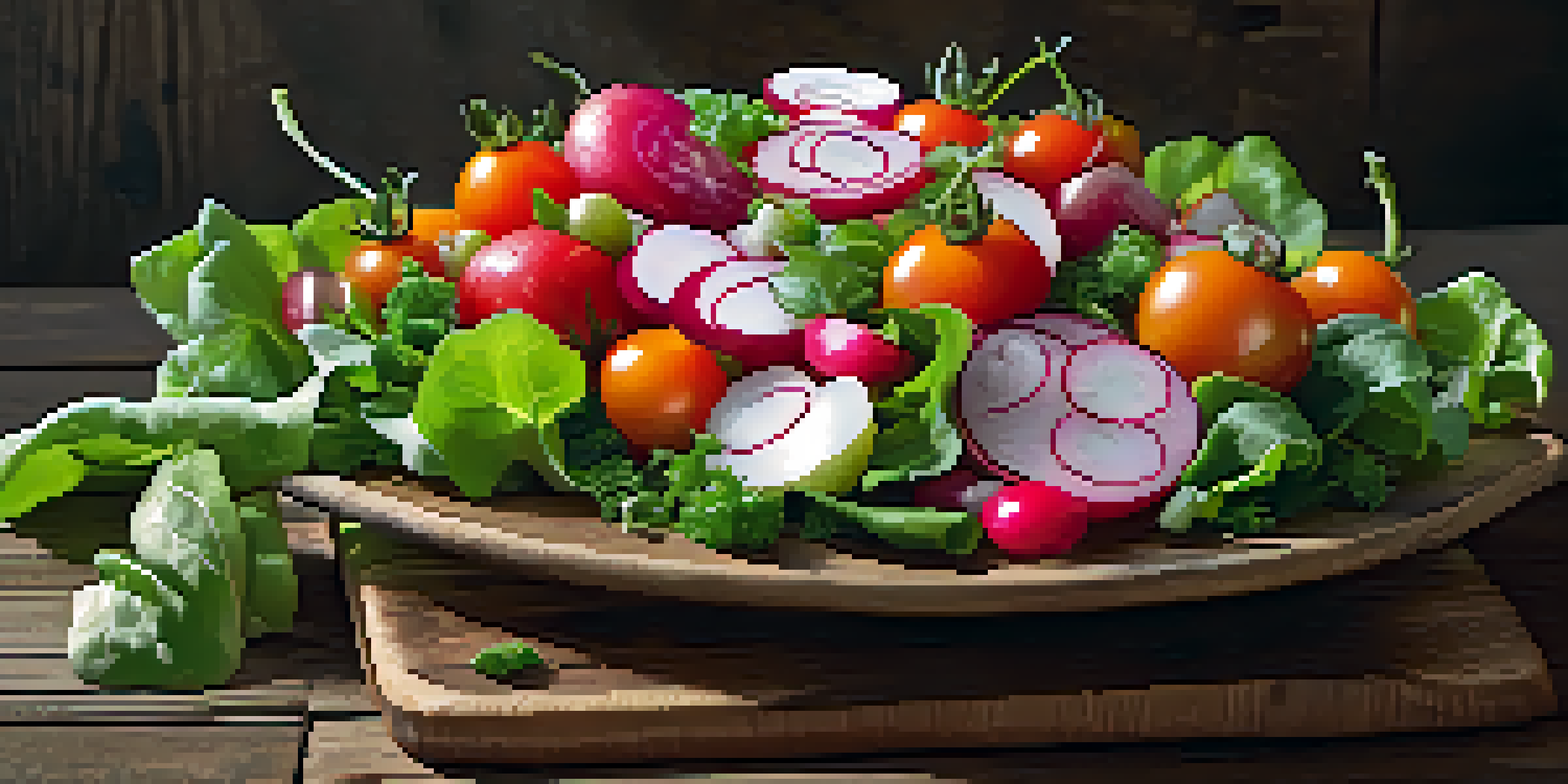 A colorful salad arranged like a flower bouquet on a wooden table, with bright vegetables and natural lighting.