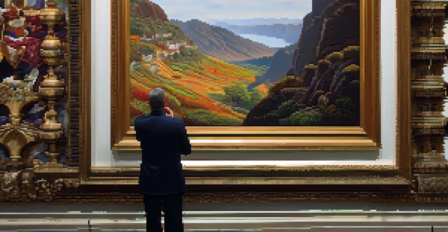 Close-up of a vibrant painting being inspected during an auction preview with a hand touching the frame.