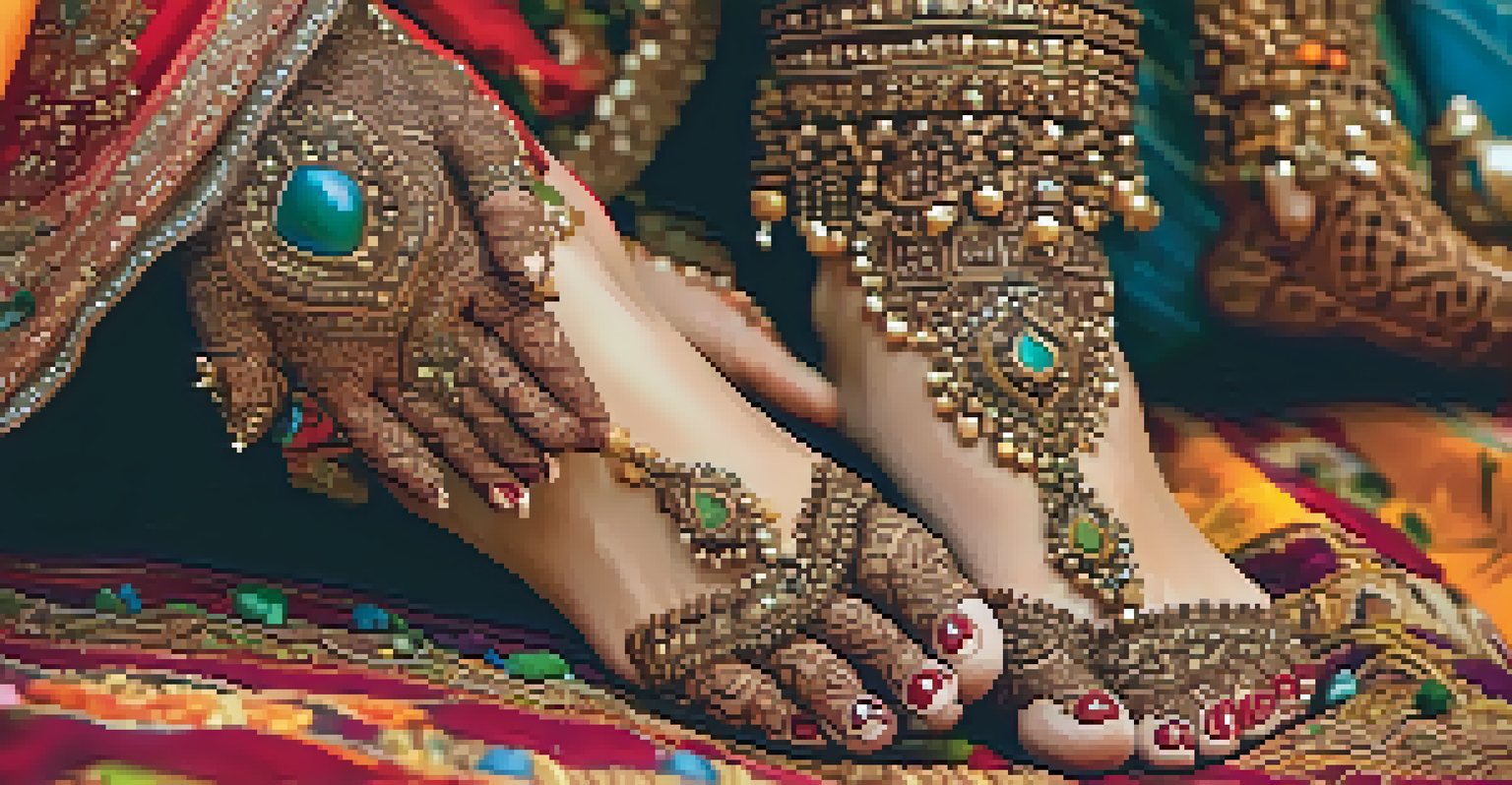 Close-up of a bride's hands and feet with detailed henna designs, symbolizing beauty during a wedding.