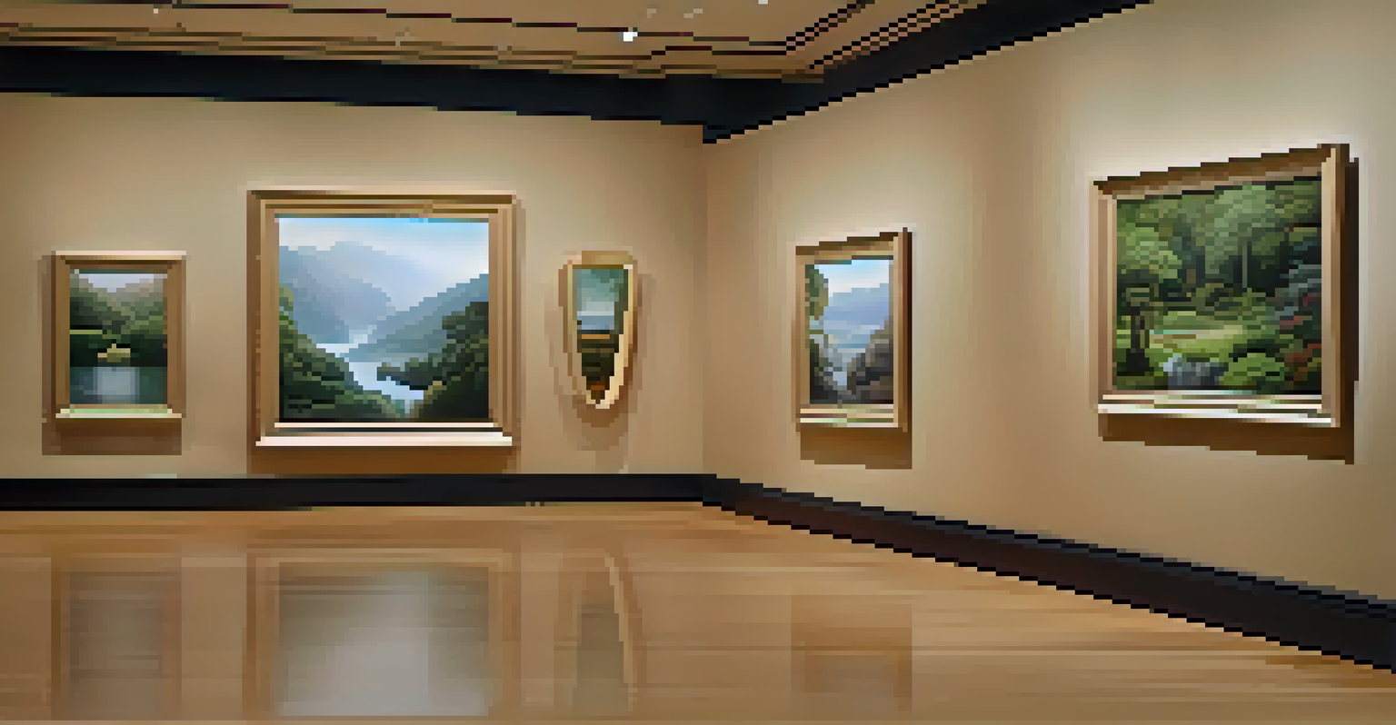 A gallery showcasing nature-themed artworks, with serene lighting and visitors contemplating the pieces.