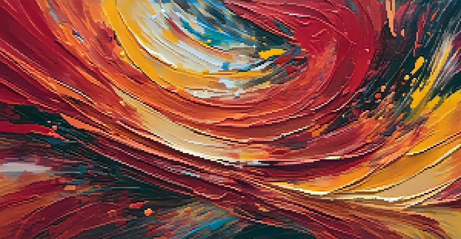 An abstract painting with chaotic red and orange strokes, conveying energy and excitement.