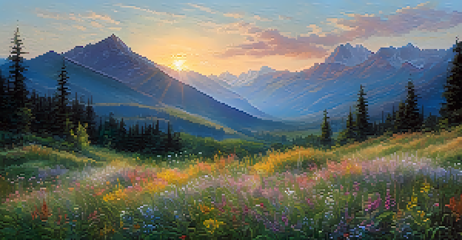 A mountain range at sunrise with wildflowers in the foreground.