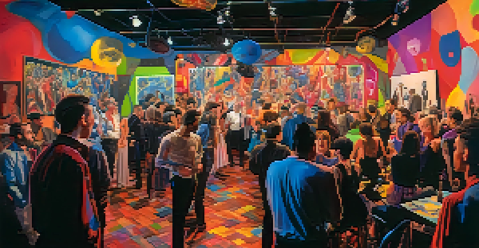 An energetic Dada art performance at Cabaret Voltaire, with artists and an engaged audience in a colorful, chaotic setting.