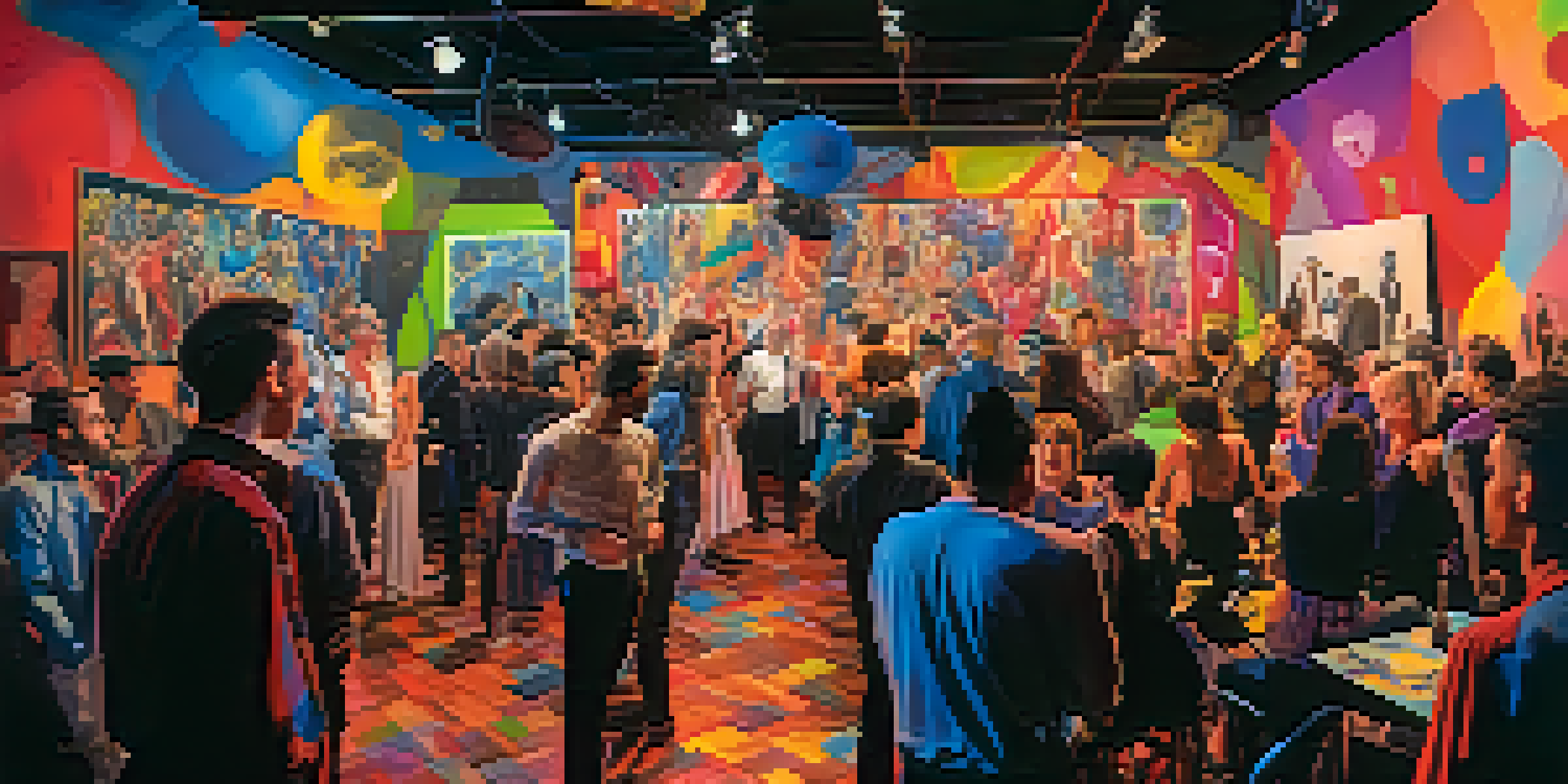 An energetic Dada art performance at Cabaret Voltaire, with artists and an engaged audience in a colorful, chaotic setting.