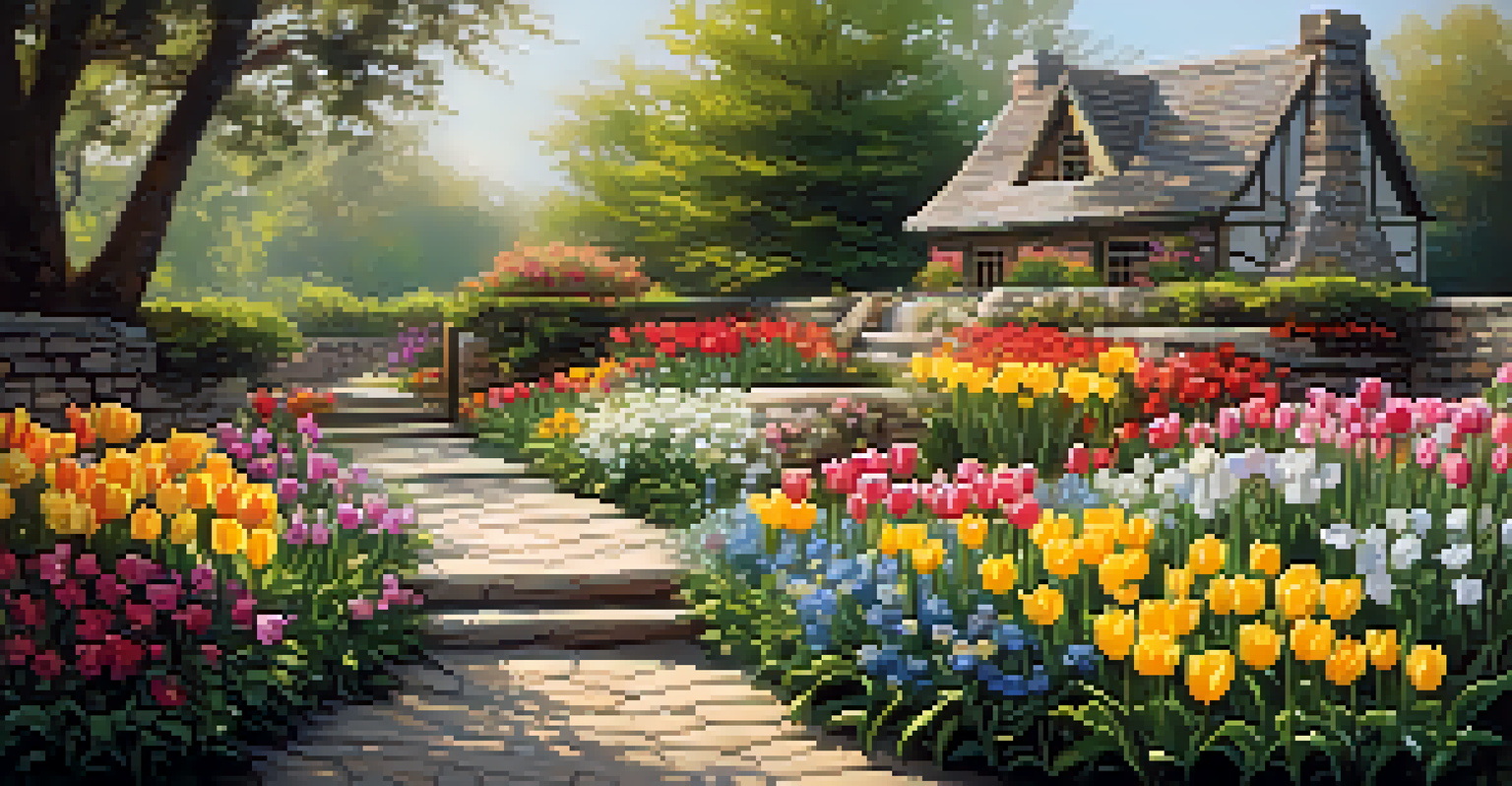 A blooming garden in spring with colorful flowers and a rustic path leading to a stone bench.