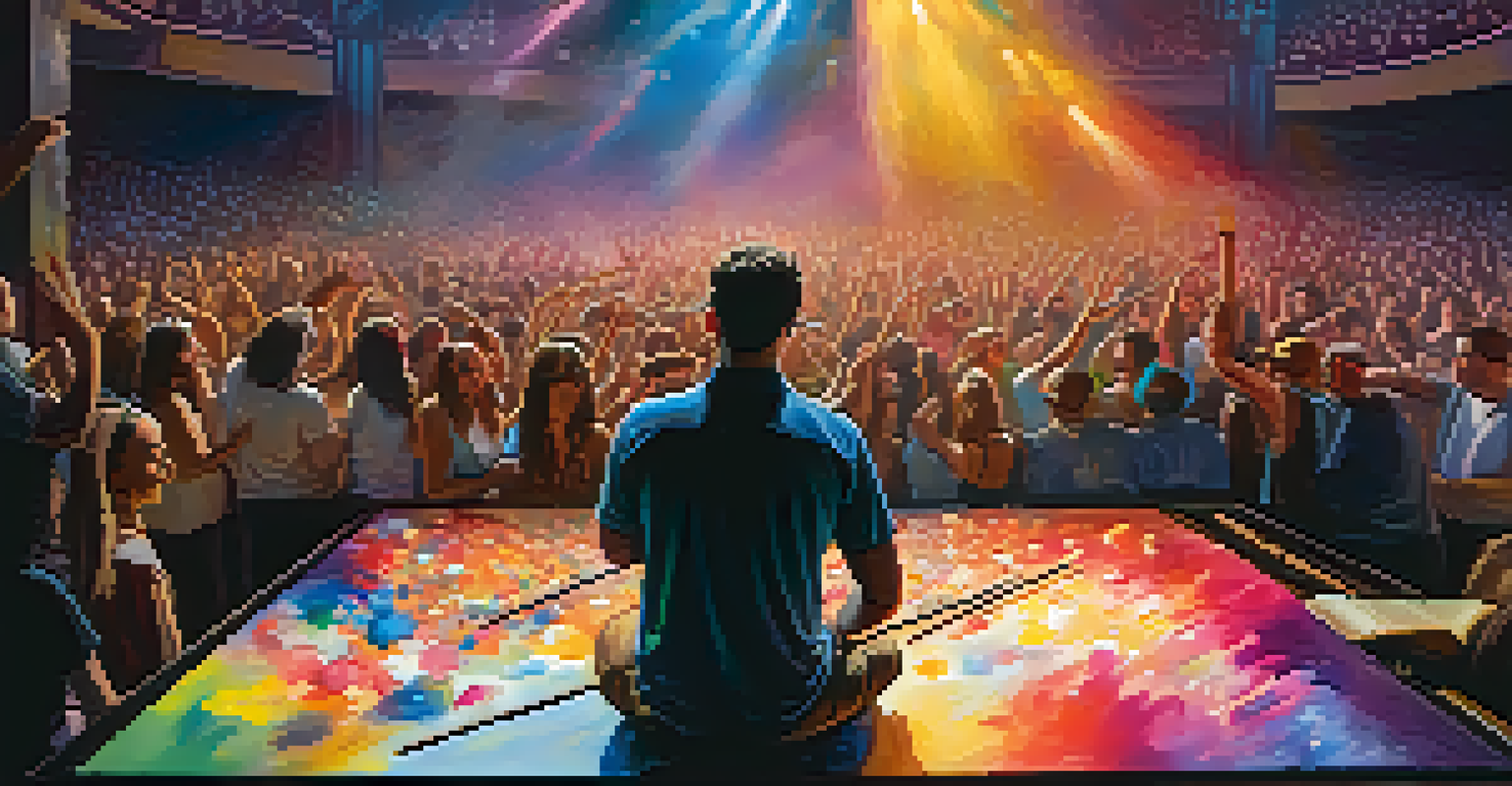 A concert scene with a live painter creating colorful art on stage, surrounded by an audience captivated by the performance.