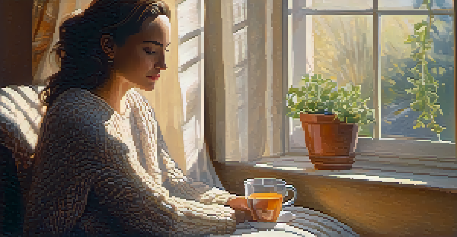 A woman sitting by a window with soft light, holding a cup of tea and looking thoughtful.