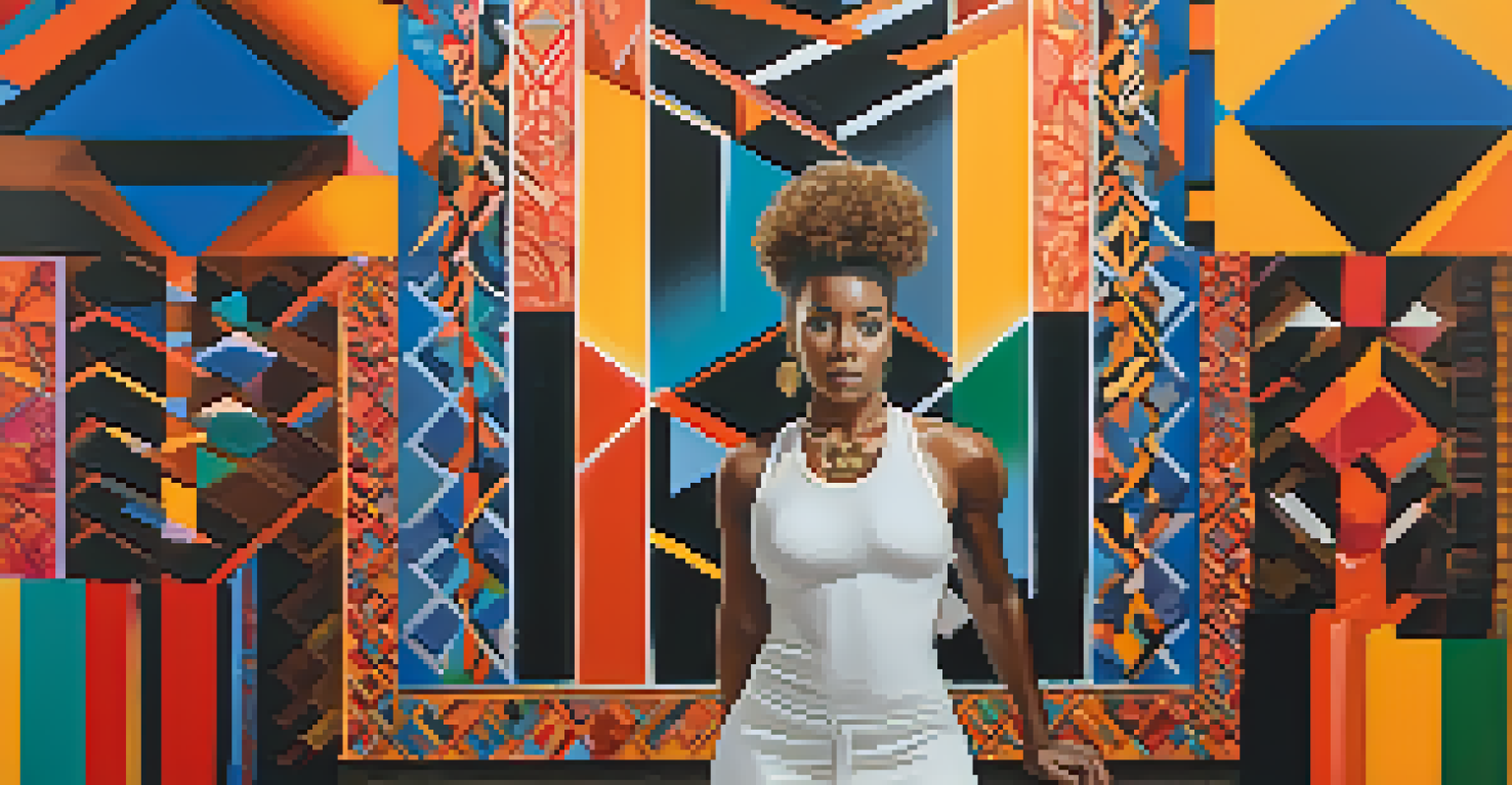 A Black female artist confidently poses in front of her vibrant artwork, surrounded by bold colors and geometric patterns.