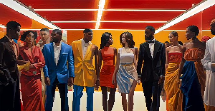 A colorful contemporary painting depicting a diverse group of people representing different cultures, with abstract shapes in the background.