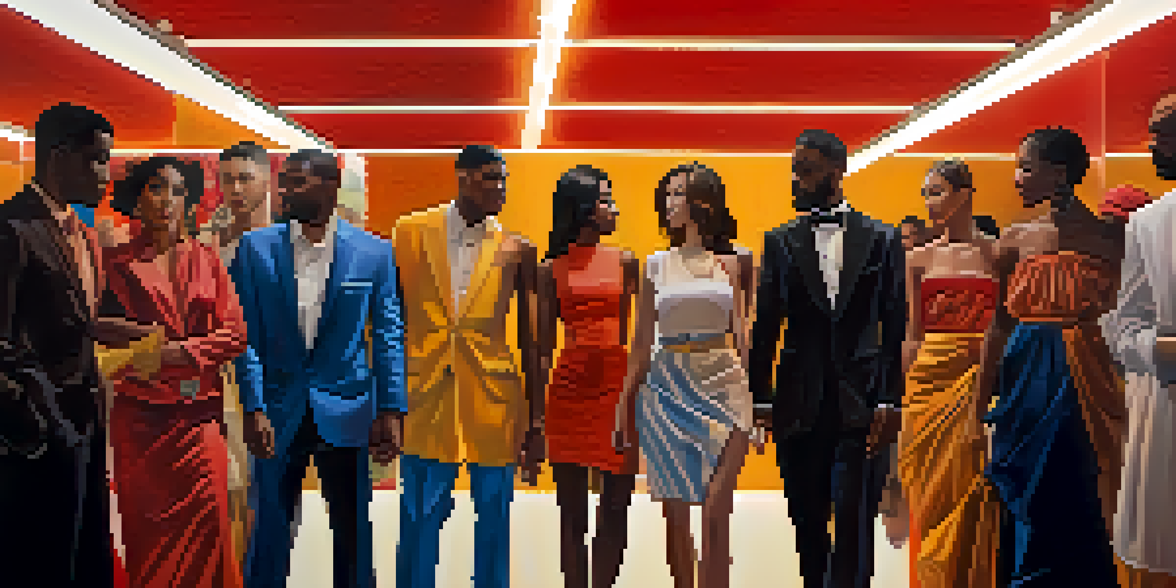 A colorful contemporary painting depicting a diverse group of people representing different cultures, with abstract shapes in the background.