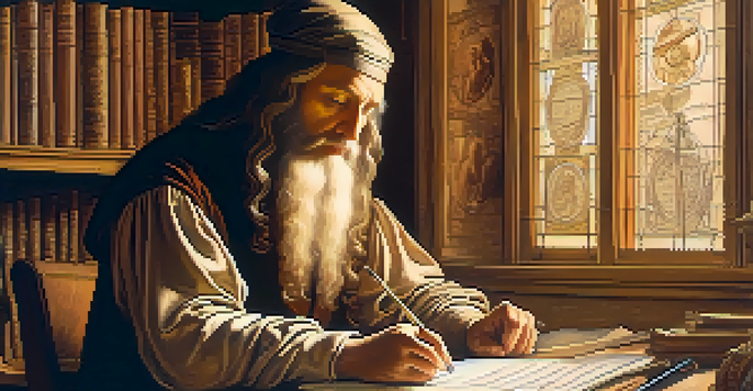 A portrait of Leonardo da Vinci in a studio, surrounded by sketches and inventions, with warm light illuminating his thoughtful expression.