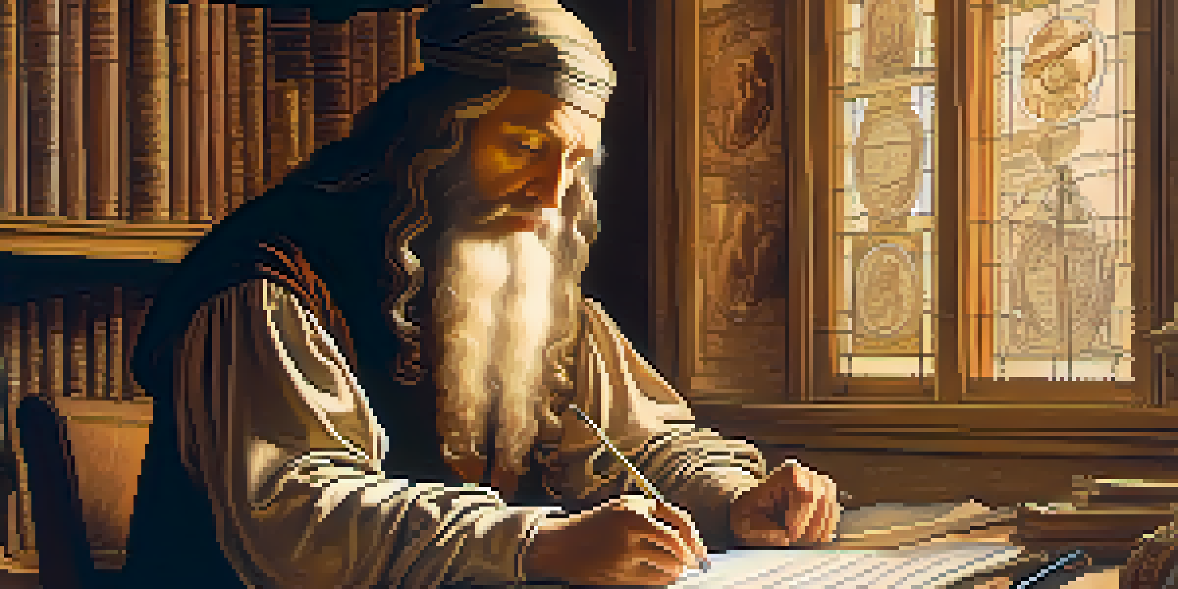 A portrait of Leonardo da Vinci in a studio, surrounded by sketches and inventions, with warm light illuminating his thoughtful expression.