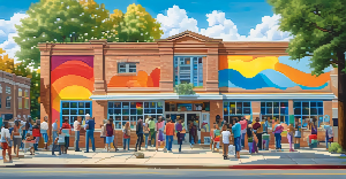 A community art center with local artists painting a mural that represents their neighborhood's history, under a bright blue sky.