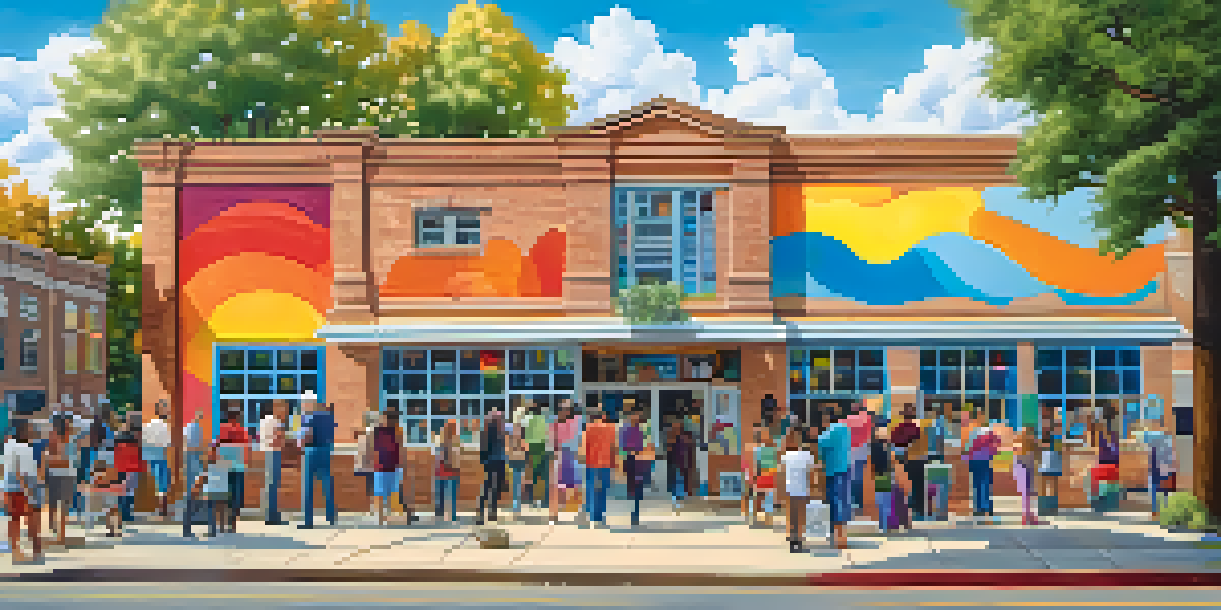 A community art center with local artists painting a mural that represents their neighborhood's history, under a bright blue sky.