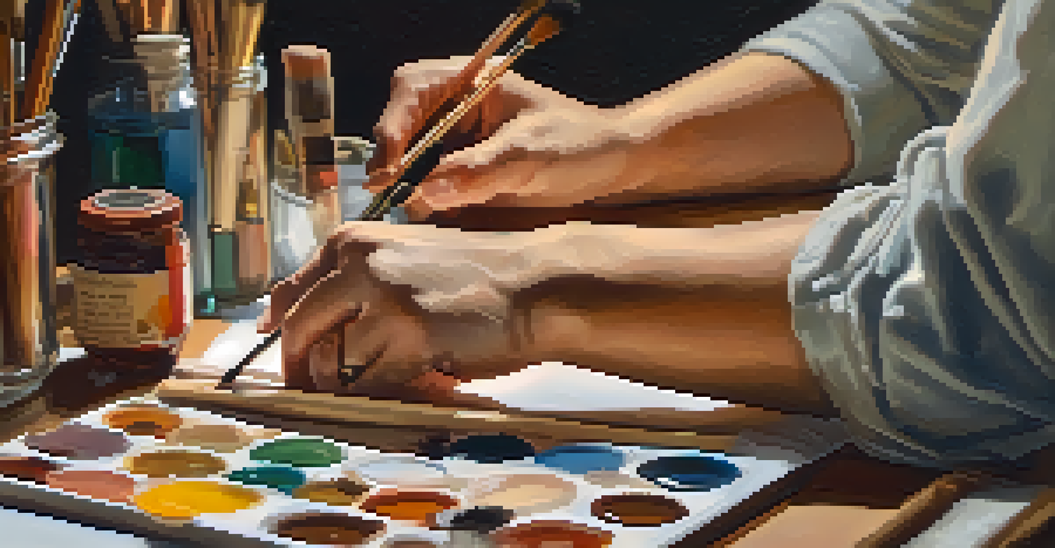 An artist painting a portrait on canvas, with a palette and brushes in the background.