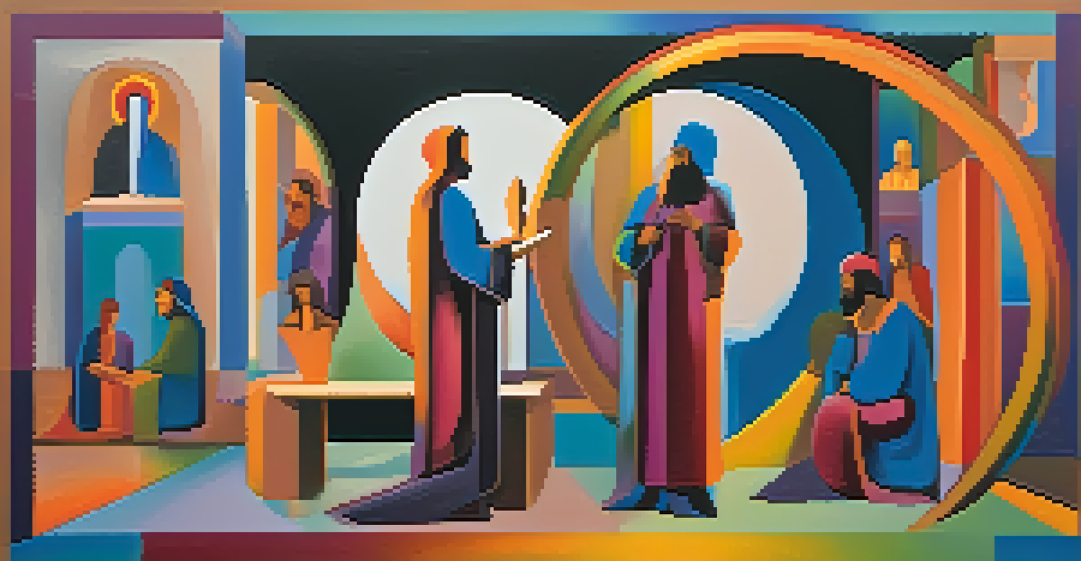 An abstract painting of a religious scene with bold colors and dynamic figures against a pastel background.