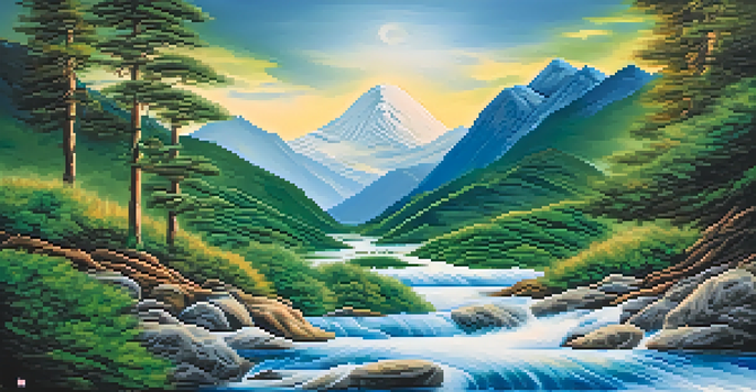 An artistic yin-yang symbol with one half showing a mountain landscape and the other half depicting flowing water, symbolizing balance.