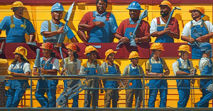 A colorful mural showing a diverse group of workers in various labor tasks, expressing unity and resilience under soft sunlight.