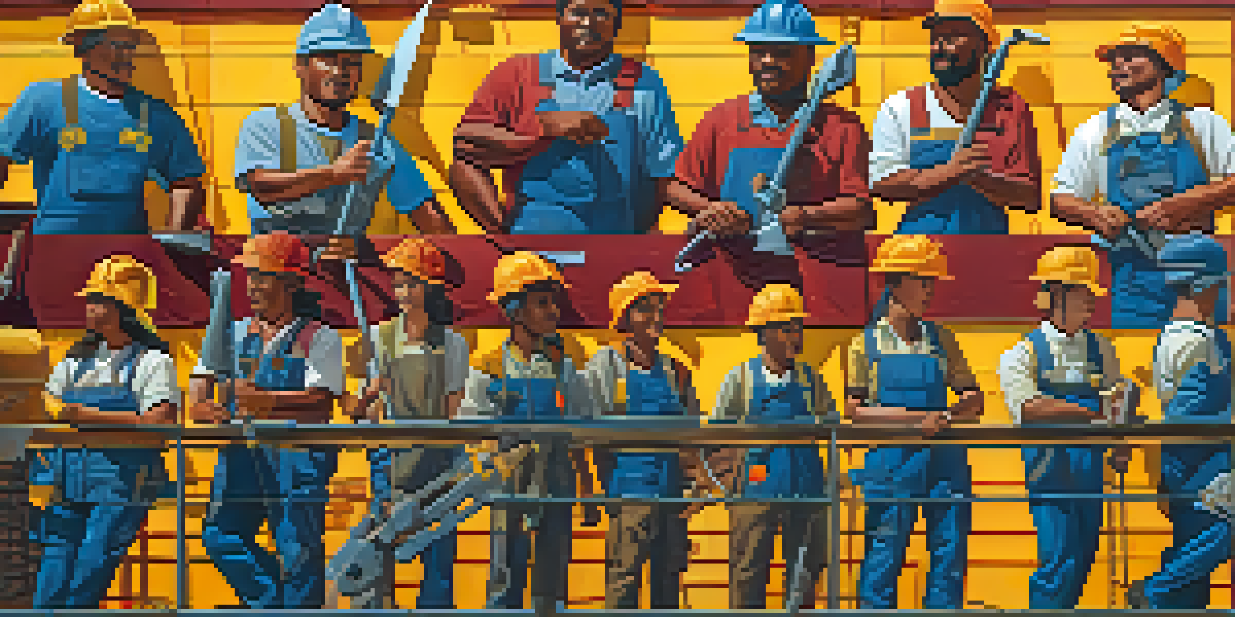 A colorful mural showing a diverse group of workers in various labor tasks, expressing unity and resilience under soft sunlight.