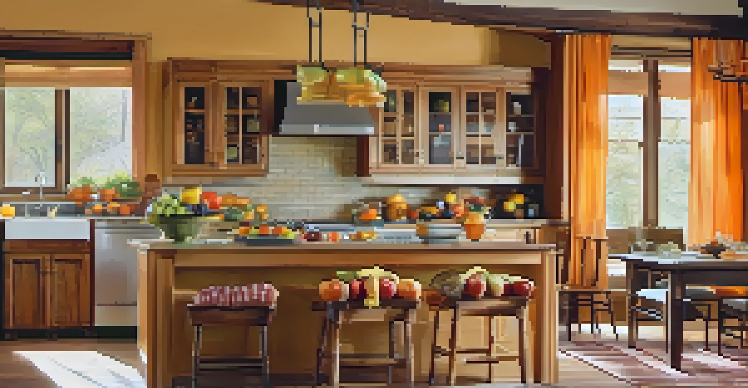 A cozy kitchen painted in warm orange and yellow, filled with natural light and rustic wooden cabinets, with a colorful fruit bowl on the table.