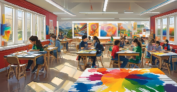 A classroom filled with students working on art projects, showcasing a variety of colorful artwork and collaborative efforts.