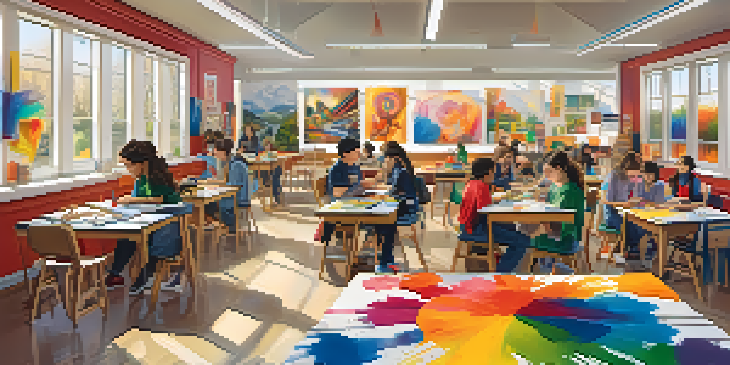 A classroom filled with students working on art projects, showcasing a variety of colorful artwork and collaborative efforts.