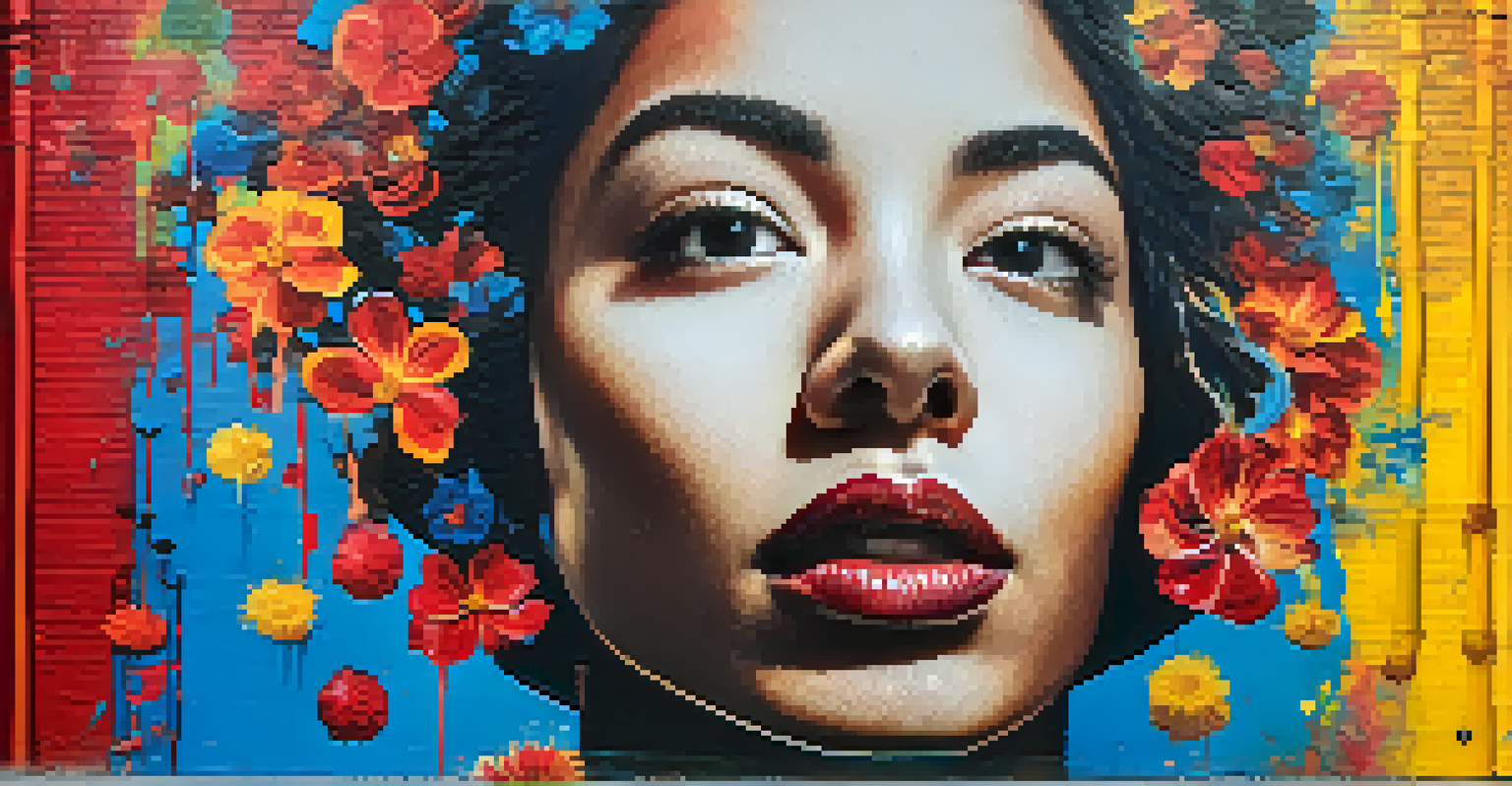 A close-up of a mural featuring a determined woman's face with vibrant paint splashes and symbols of feminism in the background.