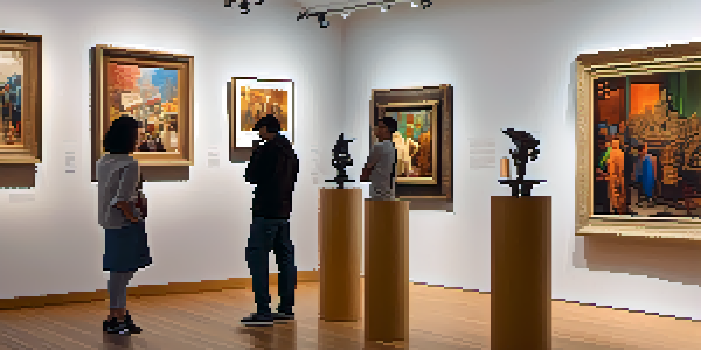 An art gallery with diverse artworks and visitors engaged in discussions.
