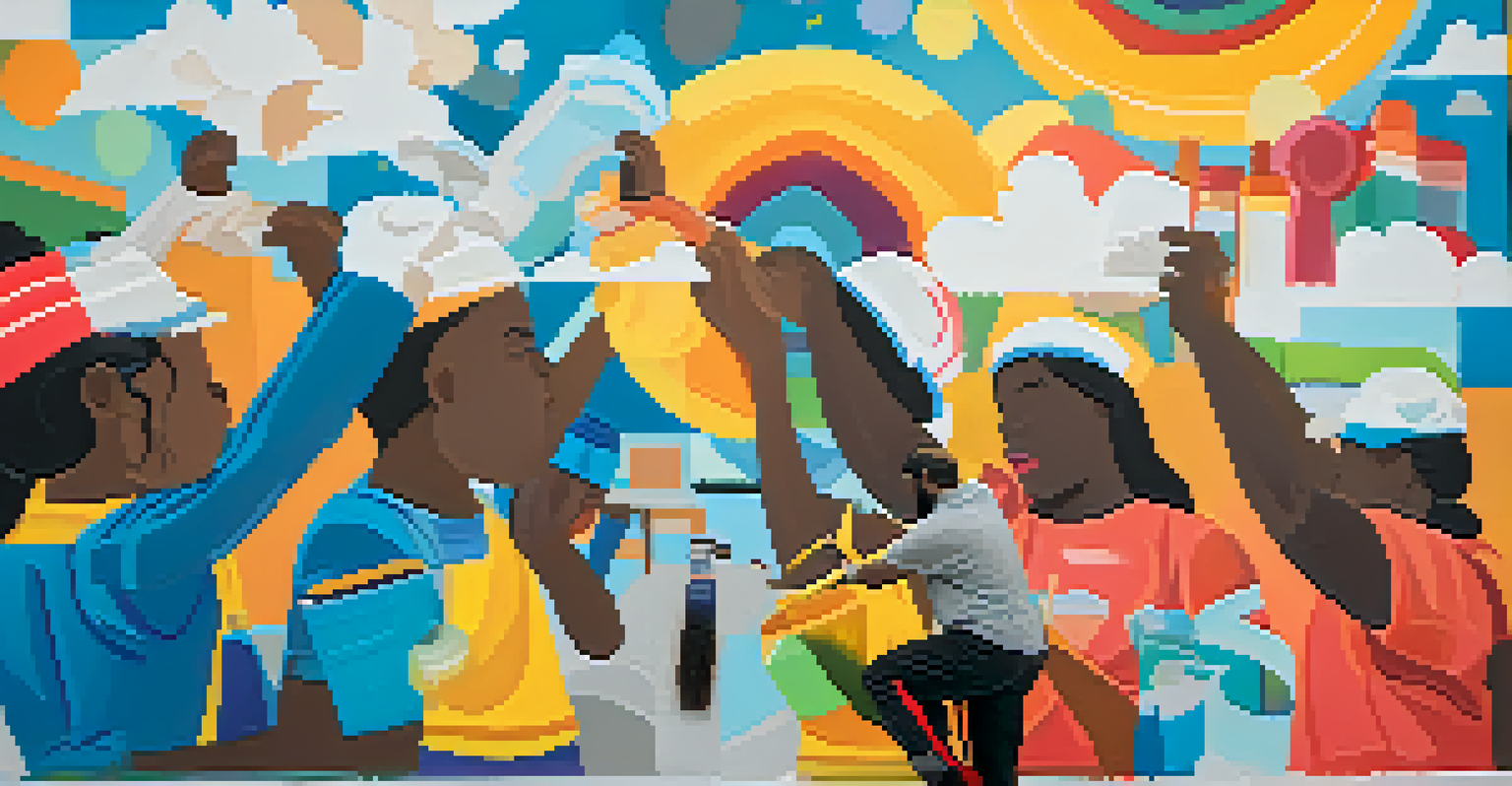 Diverse artists collaborating on a community mural, with paint buckets and brushes, showing a close-up of their hands at work.