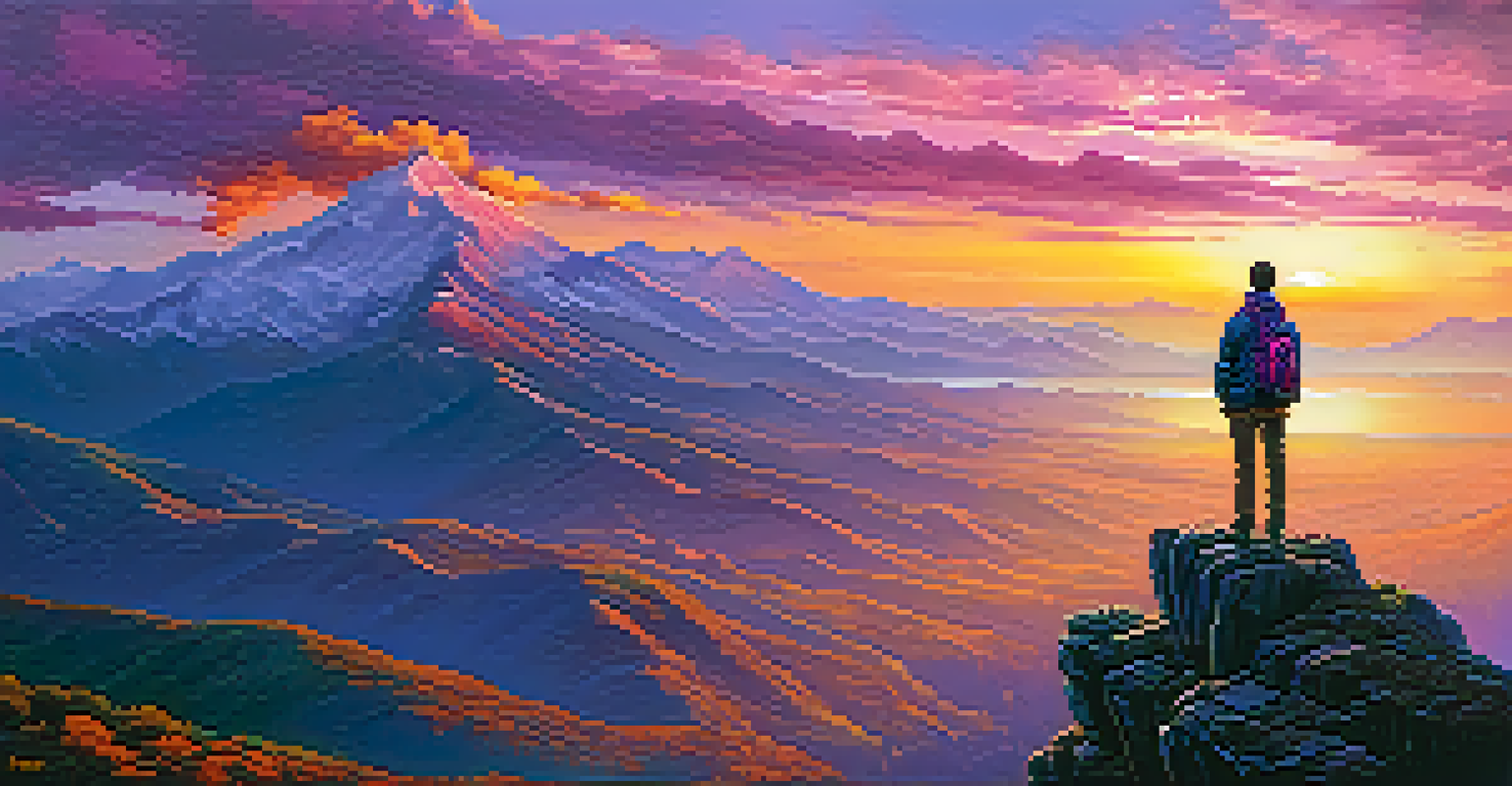 A sunset over mountains with a person standing on a cliff, symbolizing freedom and the beauty of nature.
