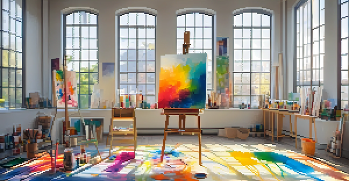 A bright art therapy studio with an easel and a colorful canvas, sunlight streaming through windows, and art supplies around.