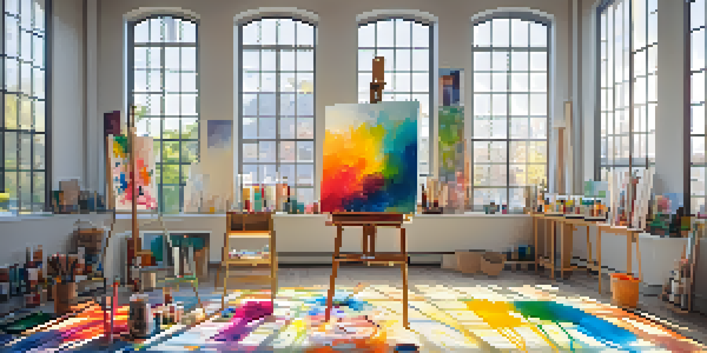A bright art therapy studio with an easel and a colorful canvas, sunlight streaming through windows, and art supplies around.