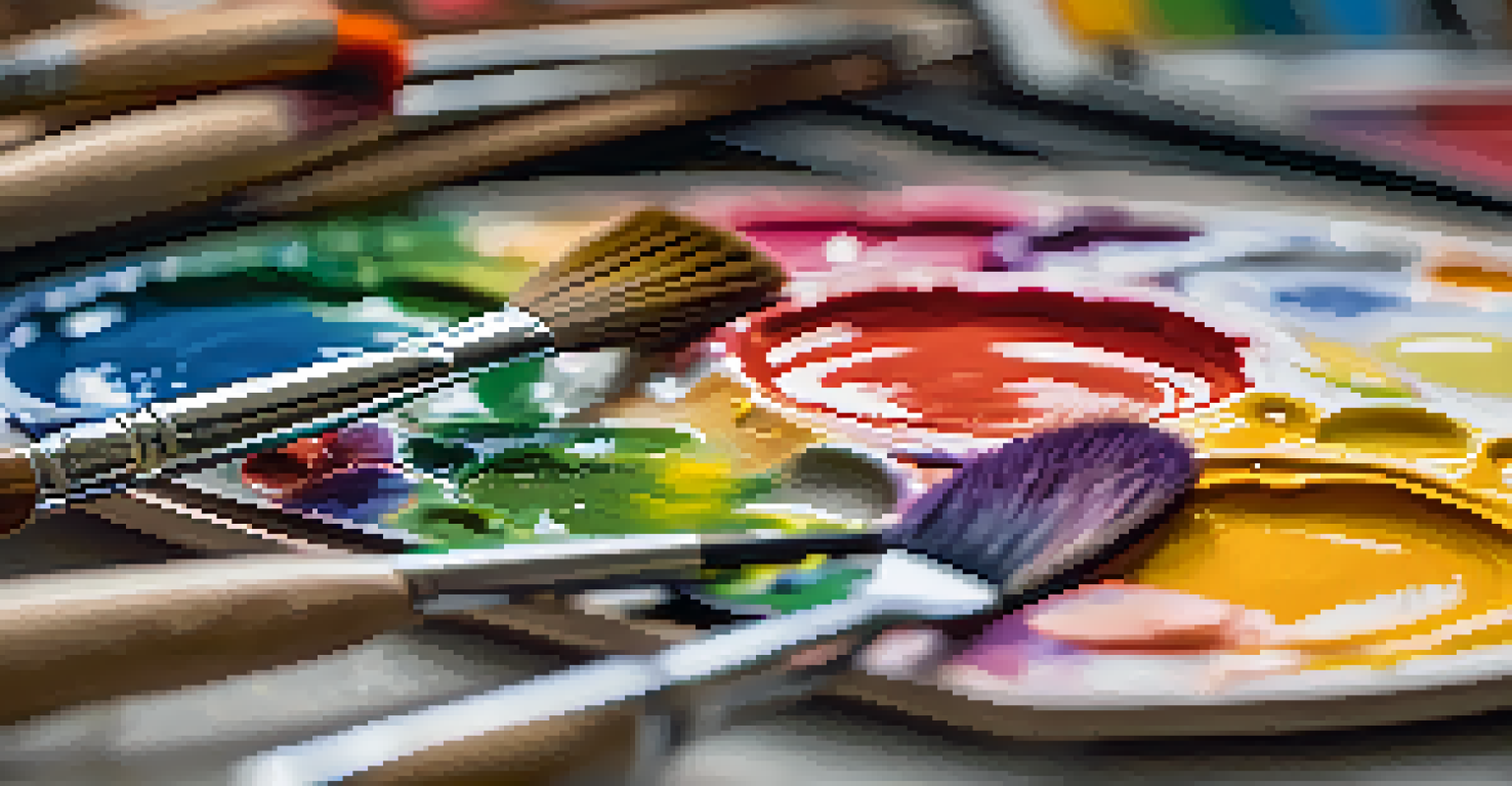An artist's palette filled with vibrant paint colors and brushes, set in a blurred art studio background.