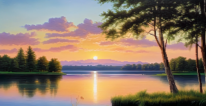 A peaceful lake surrounded by green trees, reflecting a colorful sunset in the sky.
