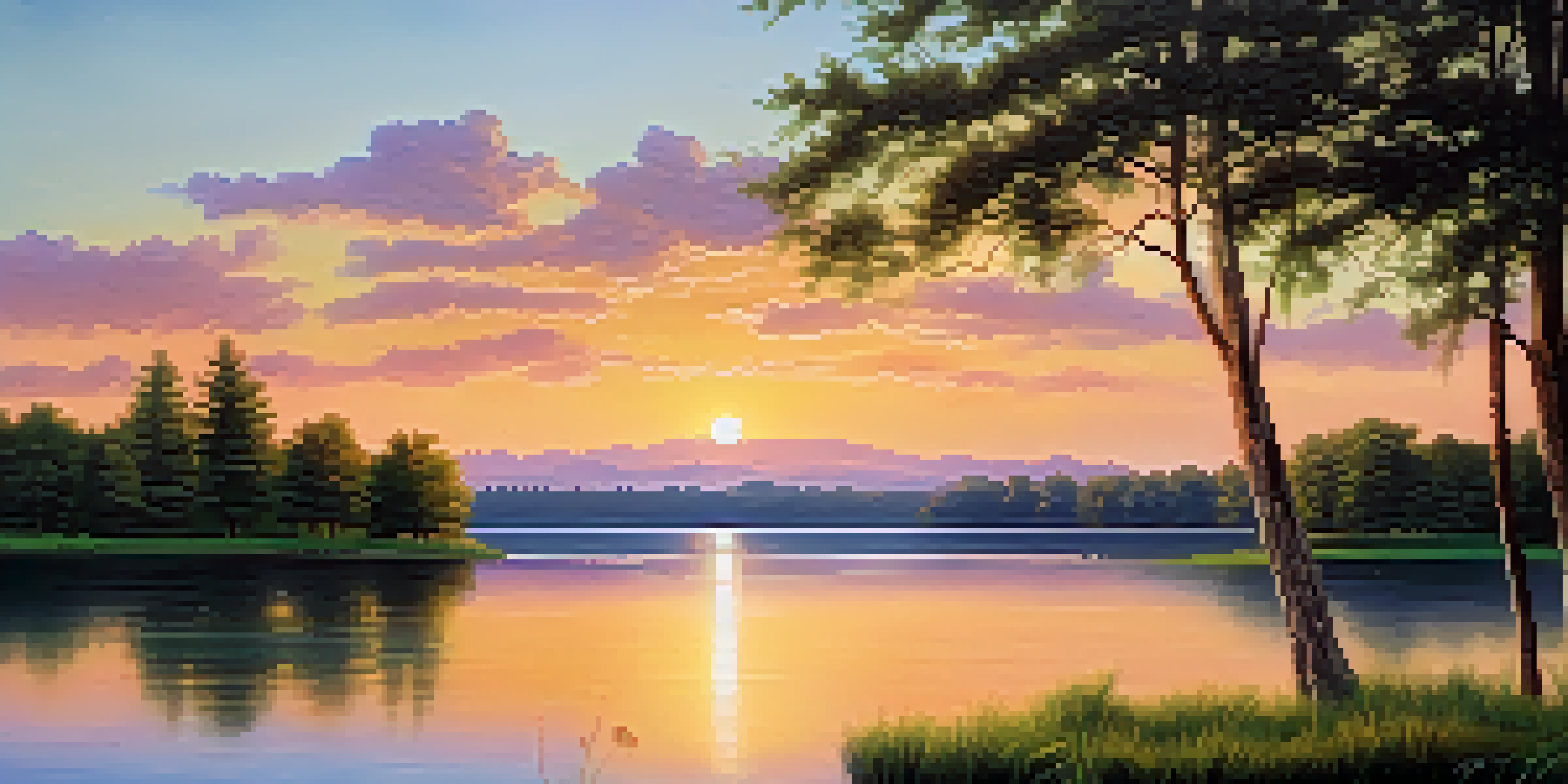 A peaceful lake surrounded by green trees, reflecting a colorful sunset in the sky.