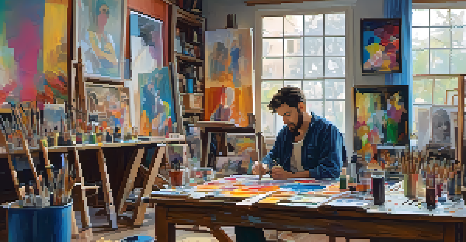 An artist painting a self-portrait in a colorful studio filled with art supplies.