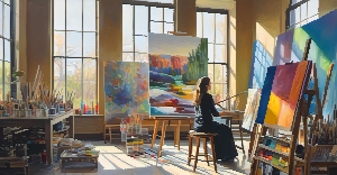 An artist painting in a bright studio with colorful art supplies and an engaged audience.