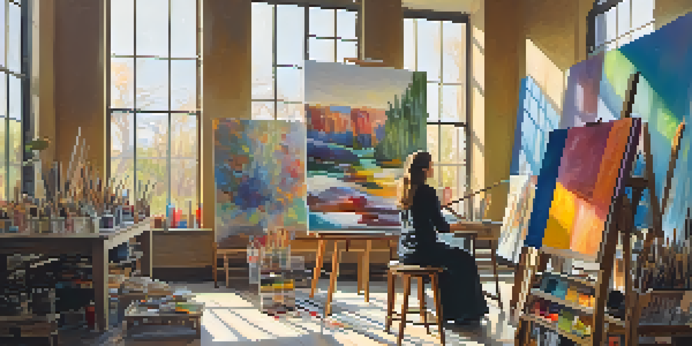 An artist painting in a bright studio with colorful art supplies and an engaged audience.