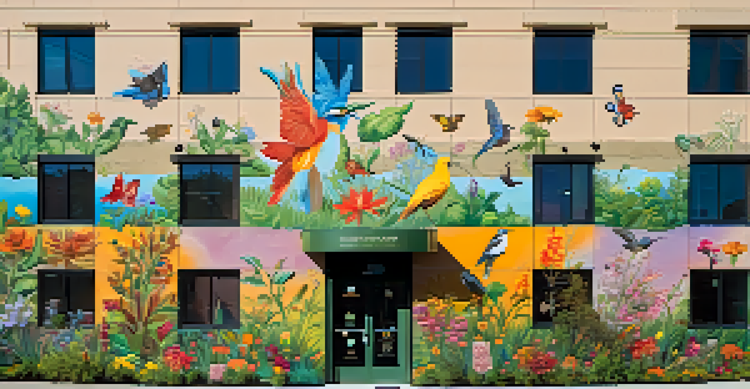 A colorful mural illustrating local wildlife and plants on a building, bathed in sunlight, showcasing environmental themes.