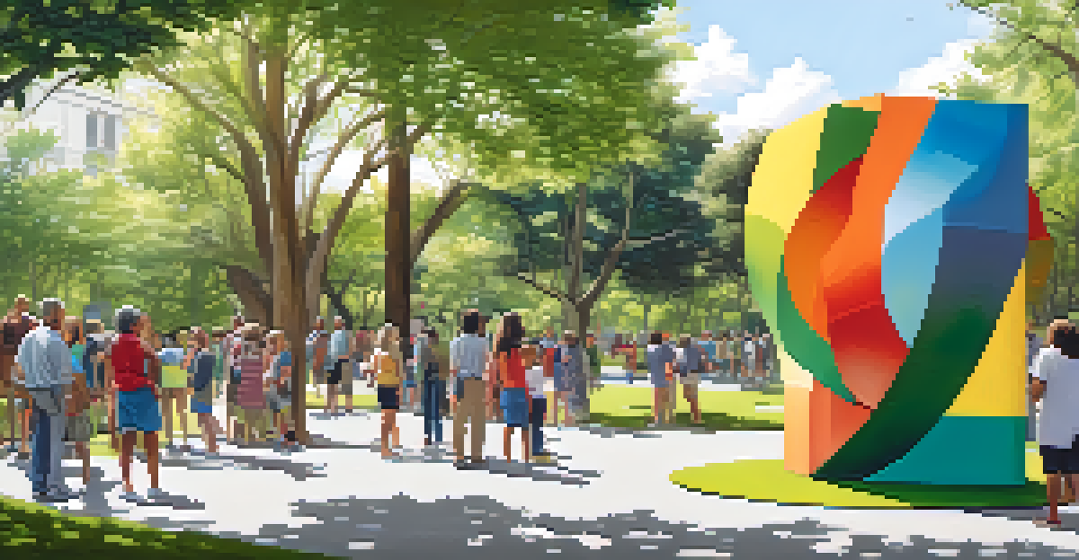 A colorful sculpture in a park surrounded by greenery, with people engaging with the artwork.