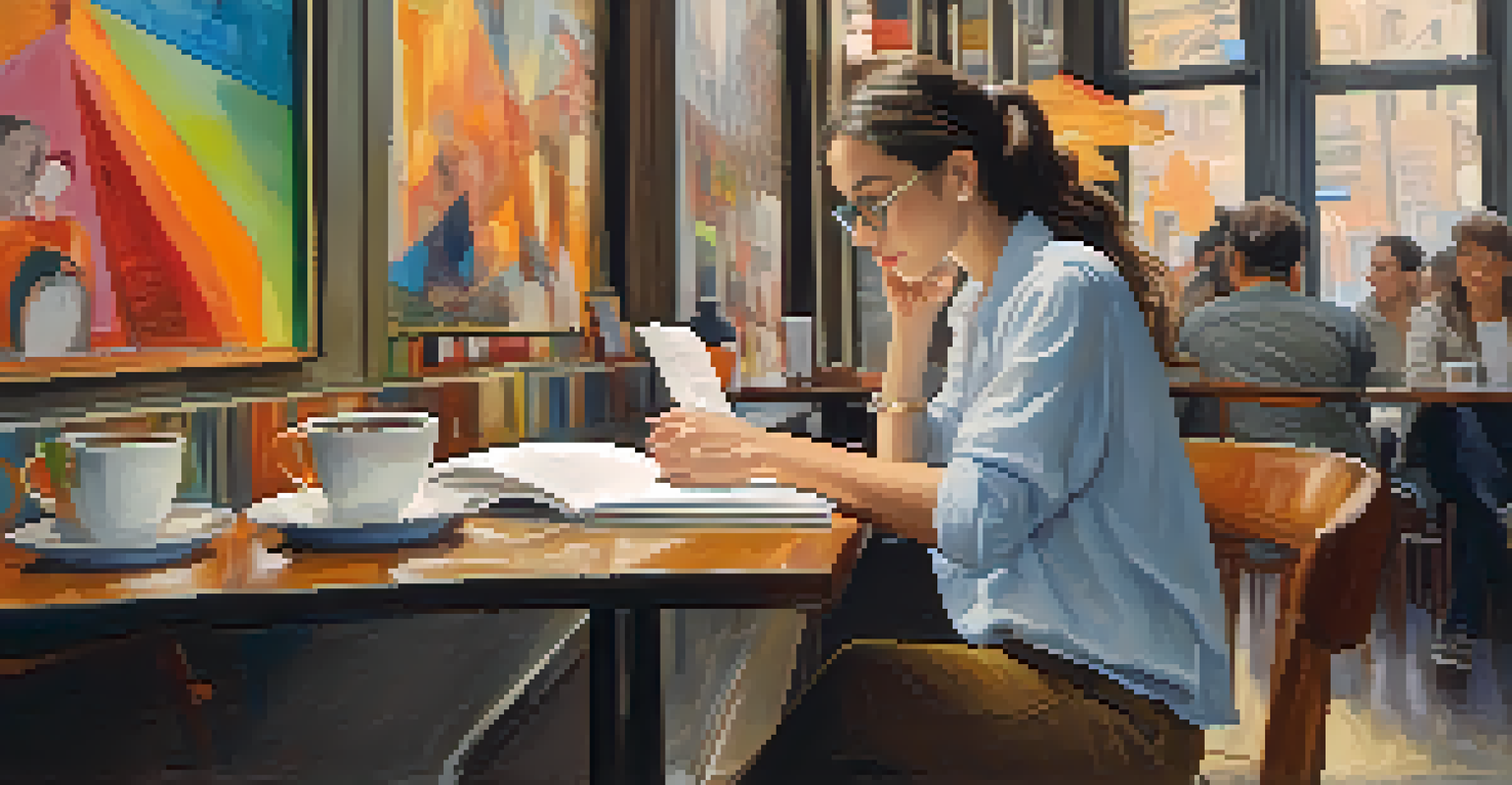 An art critic in a café, focused on her laptop with art books around her, immersed in her work.