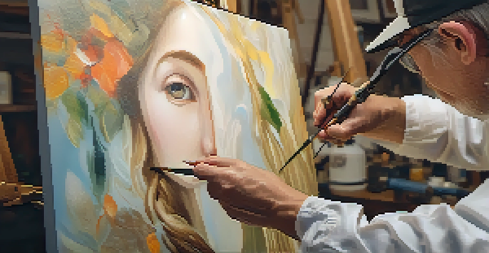 A skilled art restorer working on a painting in a bright studio, showcasing the restoration tools and vibrant paint colors.