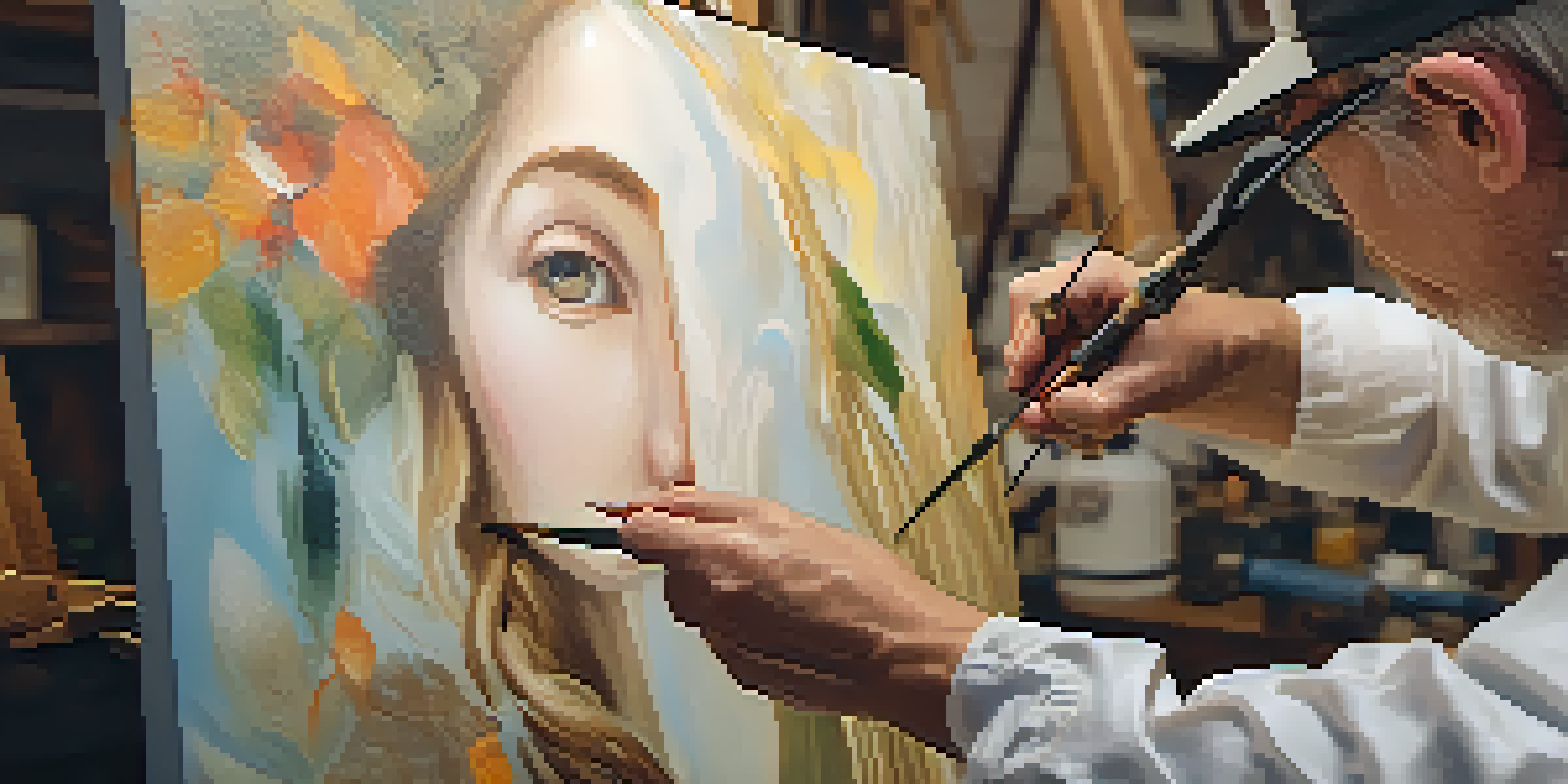 A skilled art restorer working on a painting in a bright studio, showcasing the restoration tools and vibrant paint colors.