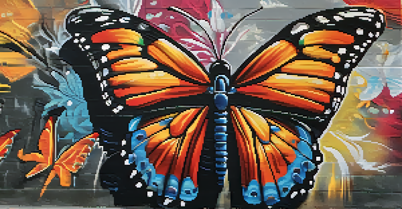 A close-up of an intricate butterfly street art piece made from various materials on a textured wall, glowing in sunlight.