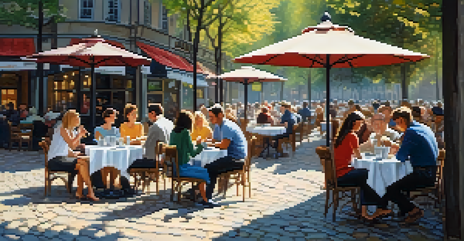 A lively café scene with patrons sitting at tables under trees, enjoying their time.